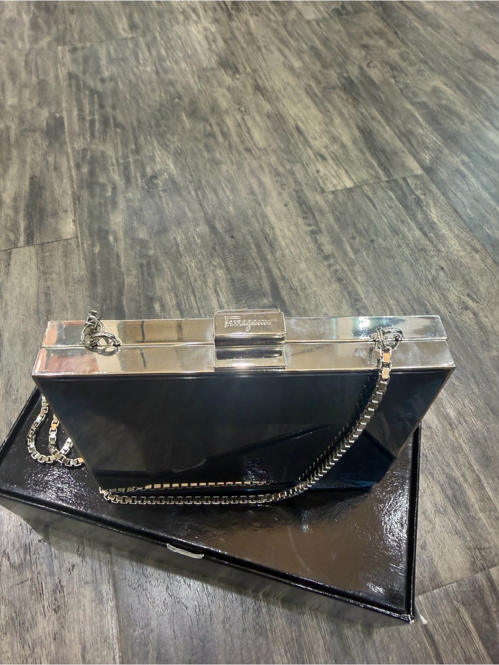 Salvatore Ferragamo Black Patent Leather Clutch with Silver-Tone Frame